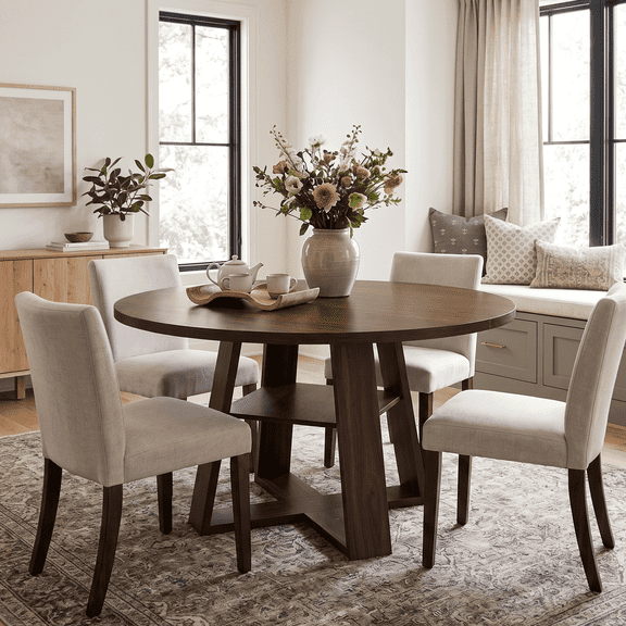 Firmoz 47.2" Round Dining Table for 4 to 6, Farmhouse Circle Kitchen Table with Storage Shelf, Space Saving Wood Dining Room Table for Small Spaces, Walnut