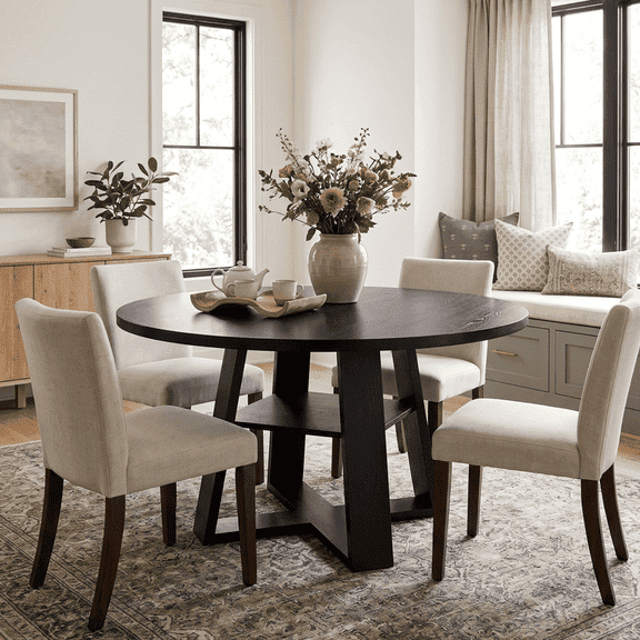 Firmoz 47.2" Round Dining Table for 4 to 6, Modern Circle Kitchen Table with Storage Shelf, Space Saving Wood Dinner Table for Dining Room, Small Spaces, Black