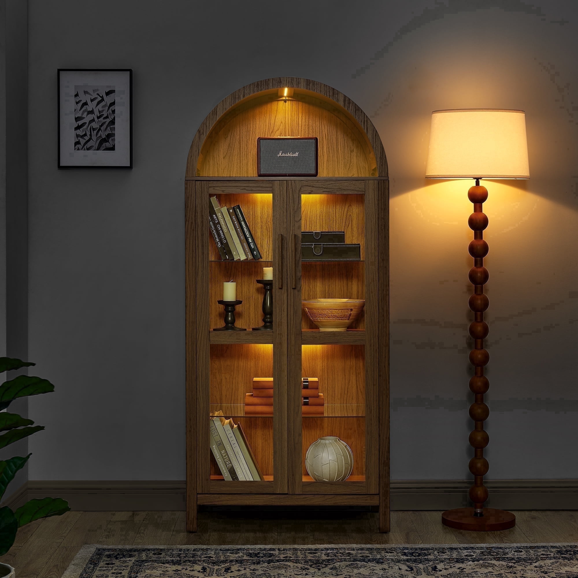 Firmoz 67" Arched Pantry Cabinet with Glass Doors, Bookcase with Lamp, Display Storage Shelf for Living Room, Kitchen Walnut
