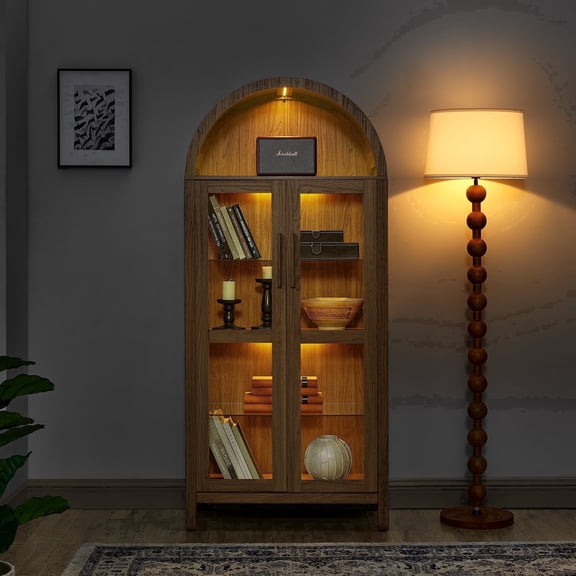 Firmoz 67" Arched Pantry Cabinet with Glass Doors, Bookcase with Lamp, Display Storage Shelf for Living Room, Kitchen Walnut