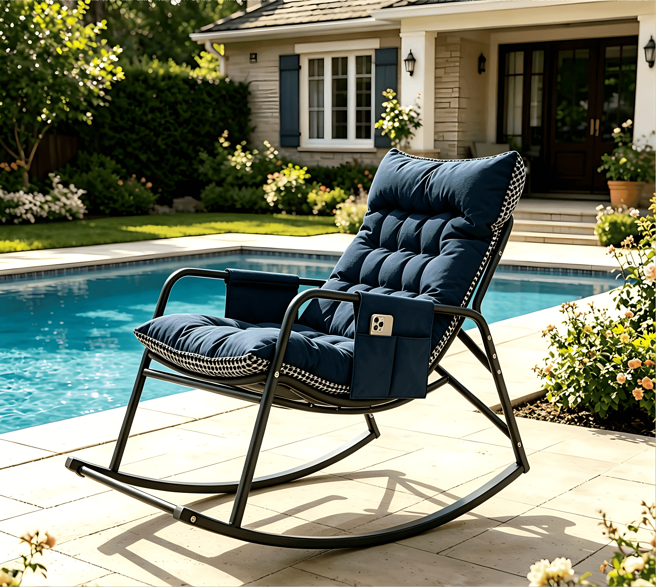 Firmoz Navy Oversized Papasan Rocking Chair, Cushioned Ergonomic with Storage Armrest, All-Weather Breathable for Patio, Living Room, Bedroom