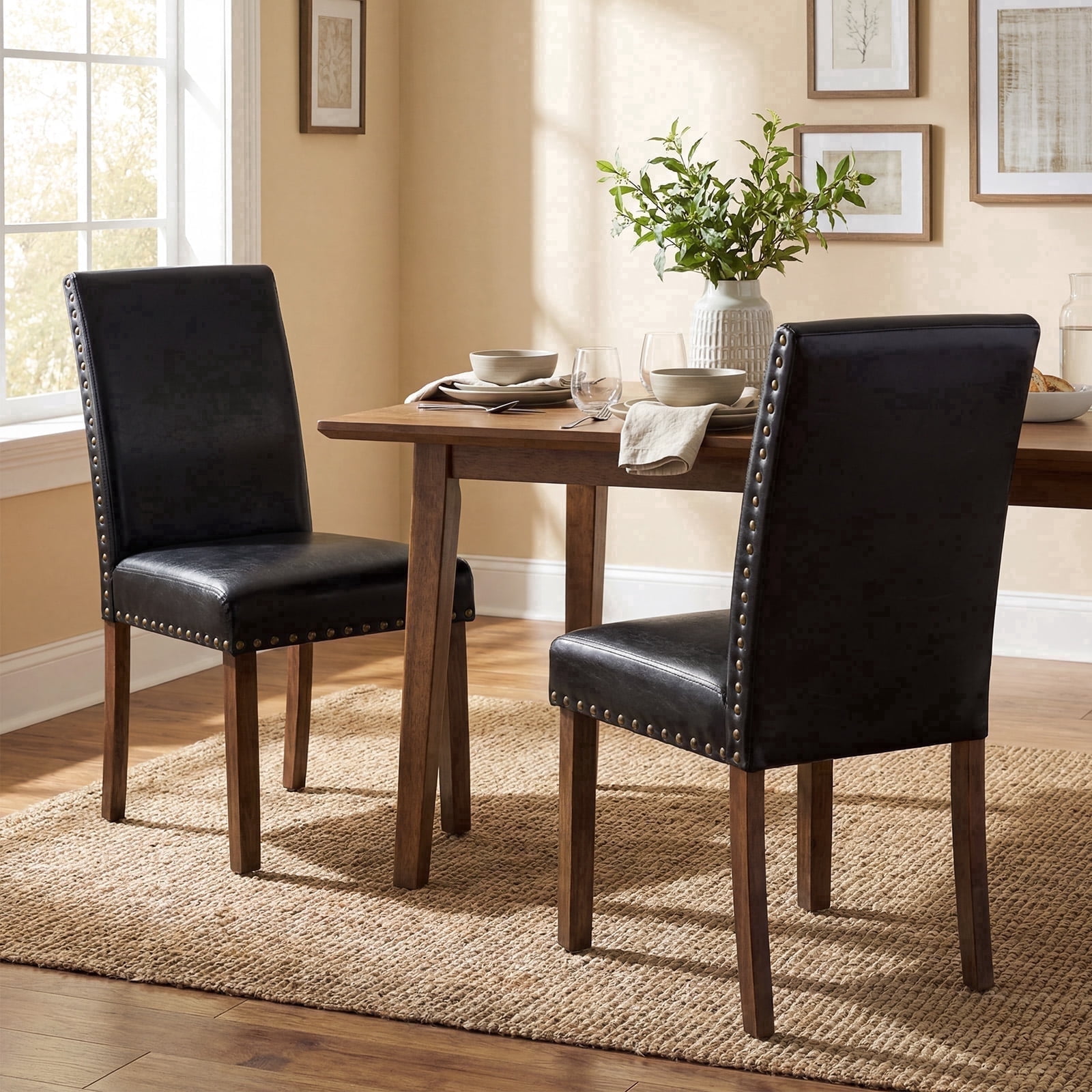 Firmoz Set of 2 Faux Leather Dining Chairs, Modern Side Chairs with Solid Wood Legs for Kitchen & Living Room, Black