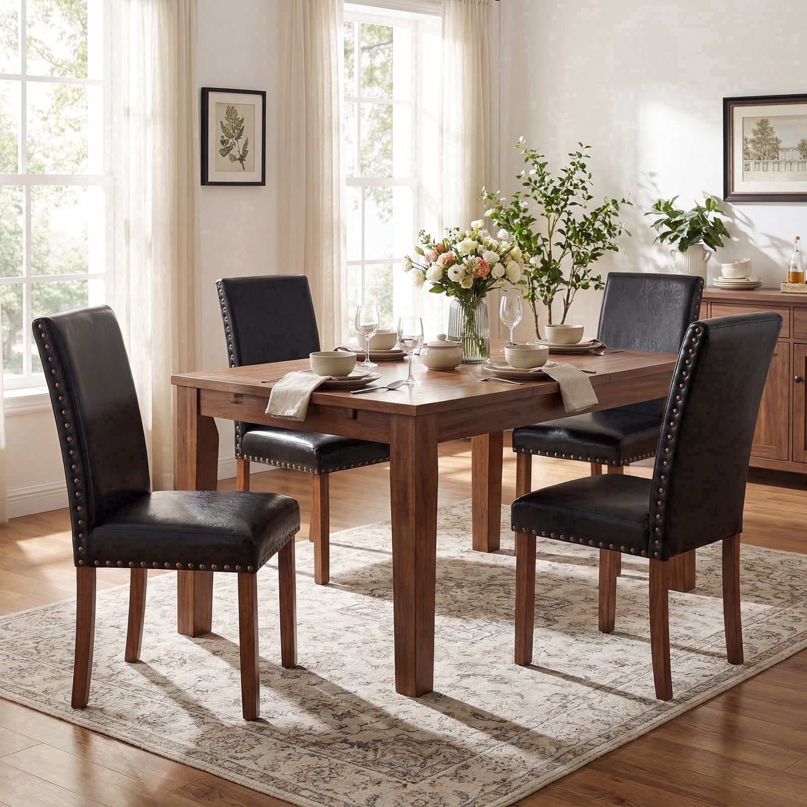 Firmoz Set of 4 Faux Leather Dining Chairs, Modern Side Chairs with Solid Wood Legs for Kitchen & Living Room, Black