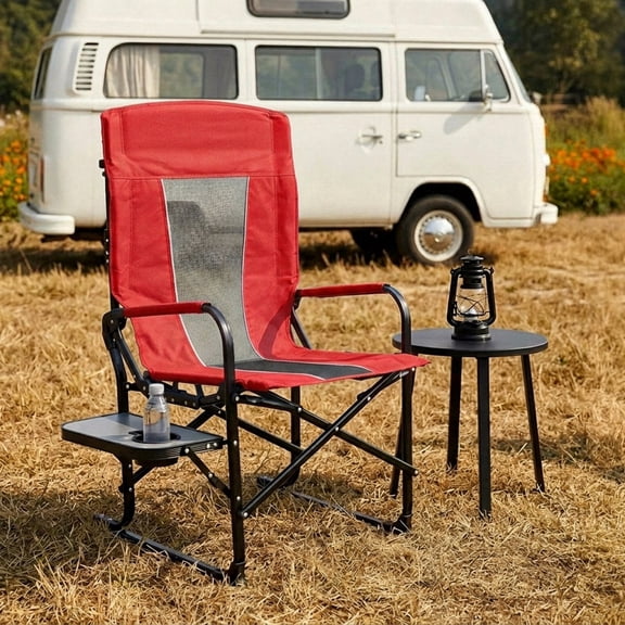 Firmoz Red Heavy Duty Oversized Folding Directors Chair, High Back Support with Side Table and Storage Pocket, Portable for Camping Beach Fishing