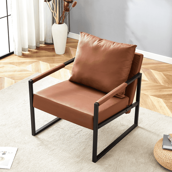 Firmoz Set of 1 Modern Industrial PU Leather Sofa with Sturdy Metal Frame for Living Room, Classic Brown
