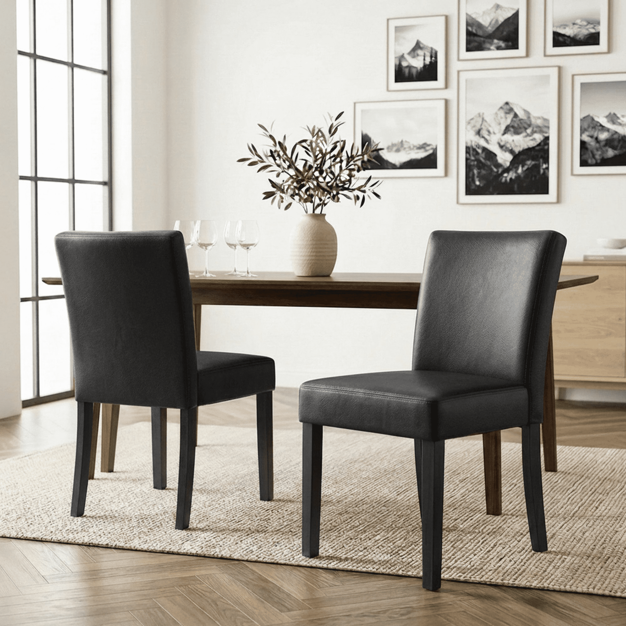 Firmoz Set of 2 Faux Leather Dining Chairs, Upholstered Modern Kitchen Chairs with Wood Legs, Black