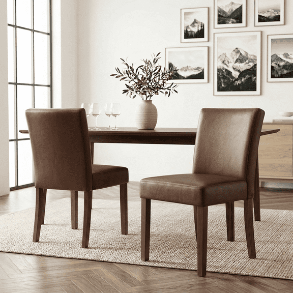 Firmoz Set of 2 Faux Leather Dining Chairs, Parson Modern Kitchen Chairs with Wood Legs, Brown