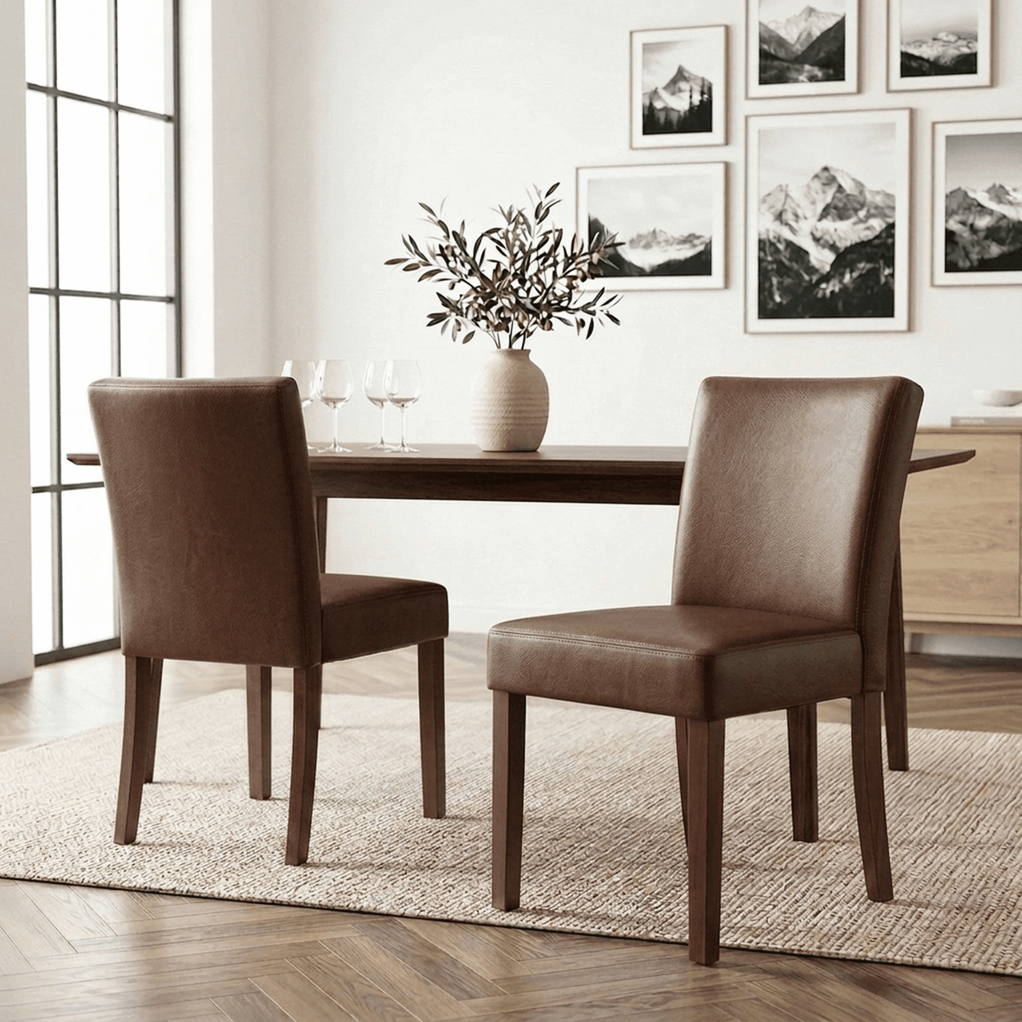 Firmoz Set of 2 Faux Leather Dining Chairs, Parson Modern Kitchen Chairs with Wood Legs, Brown