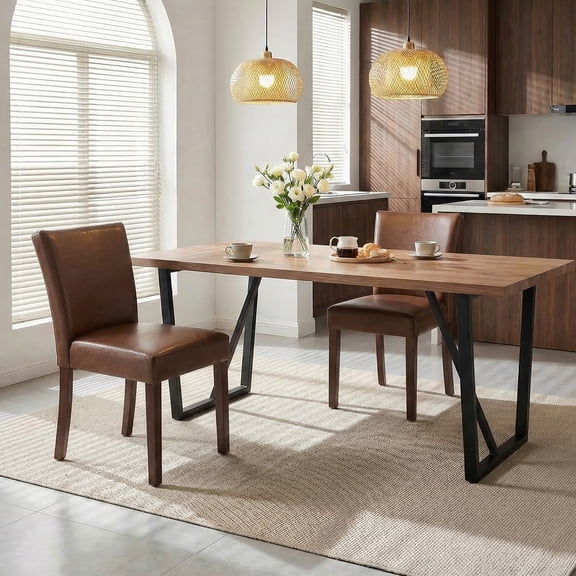 DRLOVELY Set of 2 Faux Leather Dining Chairs, Parson Modern Kitchen Chairs with Wood Legs, Brown