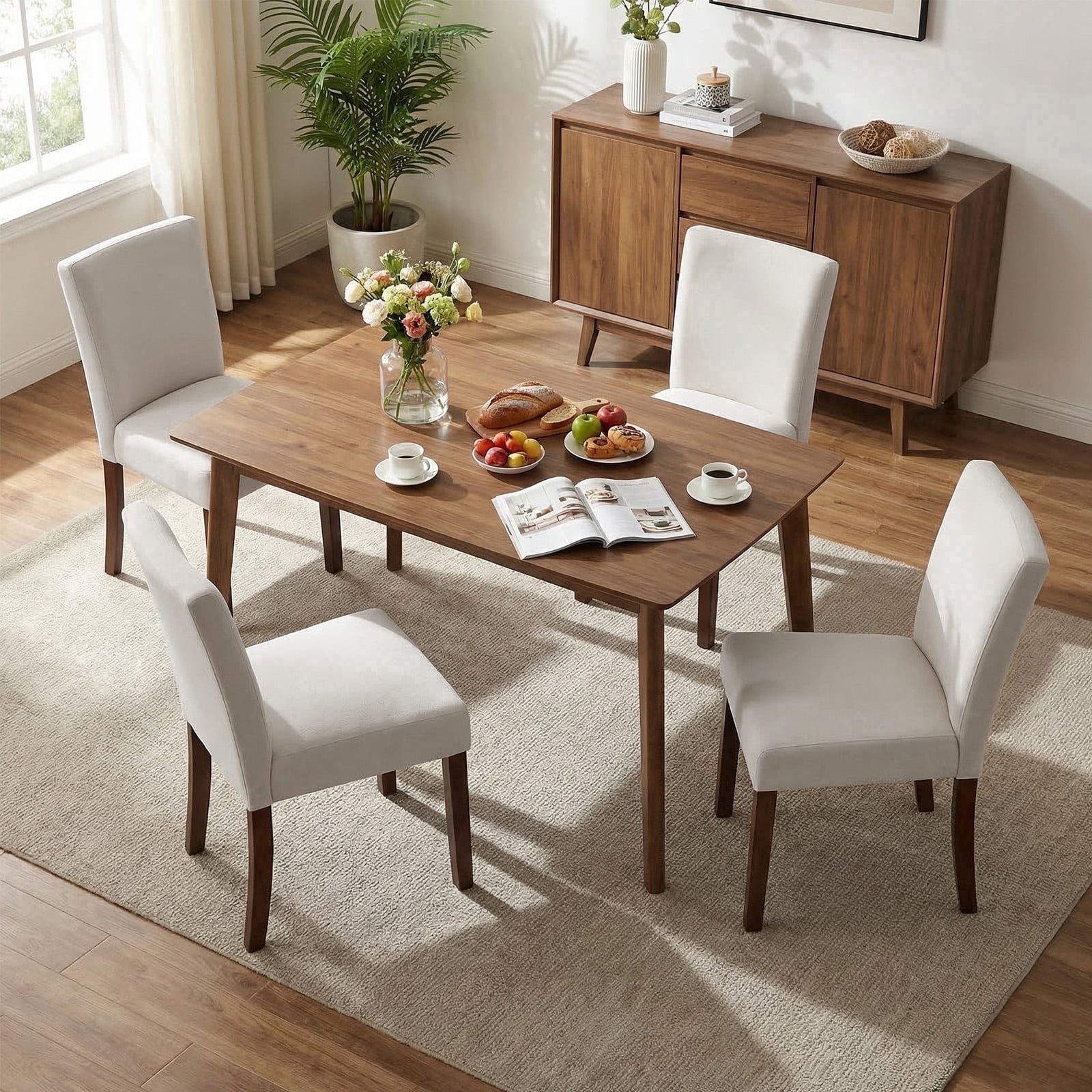 Firmoz Set of 4 Fabric Dining Chairs, Parsons Modern Kitchen Chairs with Wood Legs, White