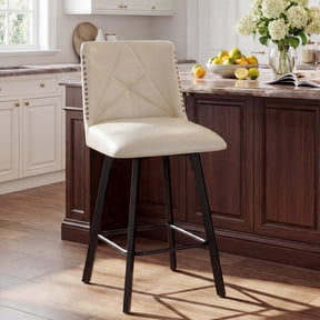 DRLOVELY Swivel Bar Stool, Faux Leather 24.5" Counter Height Chairs with Back, Industrial Metal Footrest for Kitchen Island, Beige