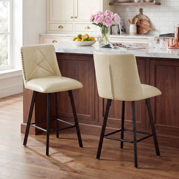 DRLOVELY Set of 2 Swivel Bar Stools, PU Leather 24.5" Counter Height Chairs with Back, Industrial Metal Footrest for Kitchen Island, Beige