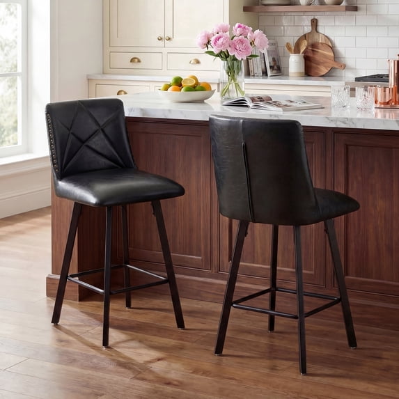 Firmoz Set of 2 Swivel Bar Stools, PU Leather 24.5" Counter Height Chairs with Back, Industrial Metal Footrest for Kitchen Island, Black
