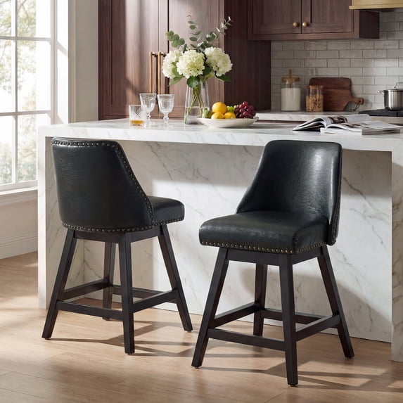 Firmoz 26" Swivel Bar Stools Set of 2, Faux Leather Upholstered Solid Wood Pub Chairs with Nailhead Trim, Black