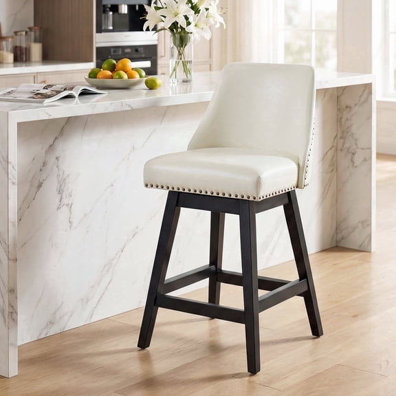Firmoz 26" Swivel Bar Stools, PU Leather Upholstered Solid Wood Pub Chairs with Nailhead Trim, White