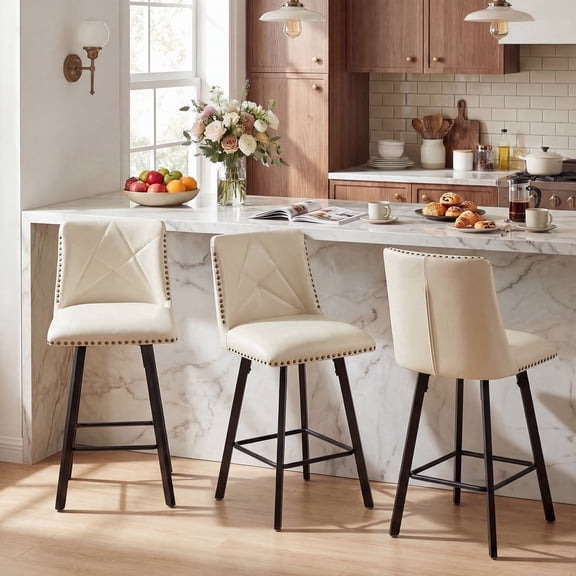 Firmoz Set of 3 Swivel Bar Stools, Faux Leather 24.5" Counter Height Chairs with Back, Industrial Metal Footrest for Kitchen Island, Black