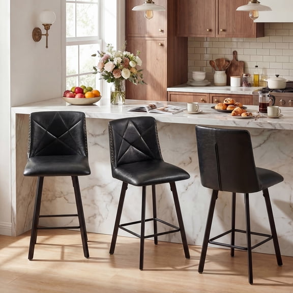 Firmoz Swivel Bar Stools Set of 3, 24.5" Counter Height Bar Chairs with Back & Metal Footrest, PU Leather Upholstered Industrial Kitchen Island Stools, Black
