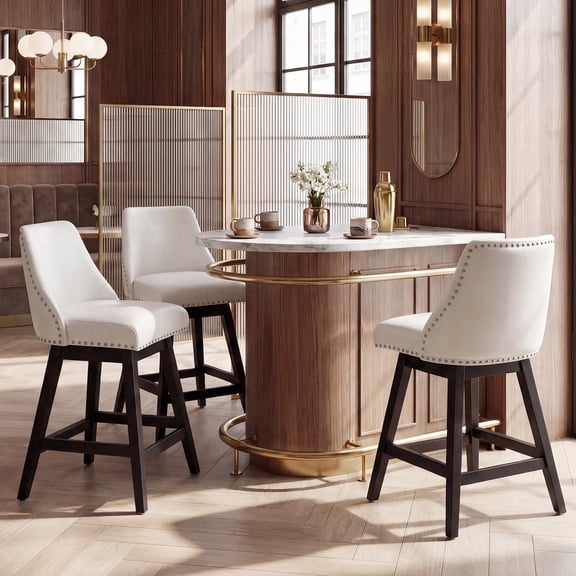 DRLOVELY 26" Swivel Bar Stools Set of 3, PU Leather Upholstered Solid Wood Pub Chairs with Nailhead Trim, White