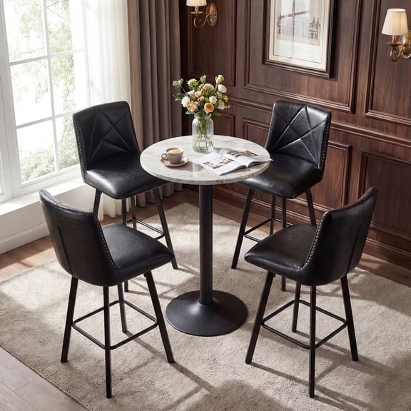 Firmoz Set of 4 Swivel Bar Stools, PU Leather 24.5" Counter Height Chairs with Back, Industrial Metal Footrest for Kitchen Island, Black