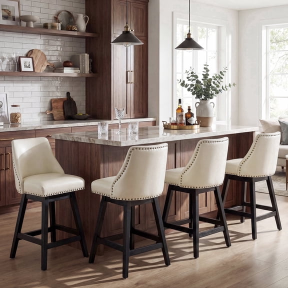 DRLOVELY 26" Swivel Bar Stools, Set of 4, Faux Leather Upholstered Pub Chairs, Solid Wood Legs, Nailhead Trim, White