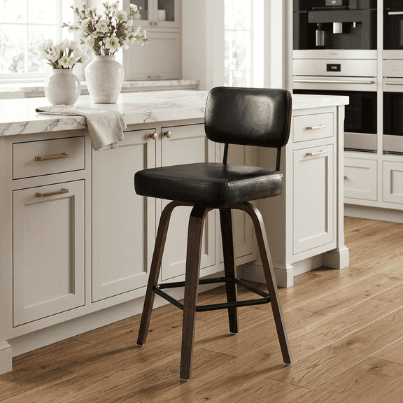 DRLOVELY Adult Upholstered Mid Back Swivel, Faux Leather Bar Stools, Black