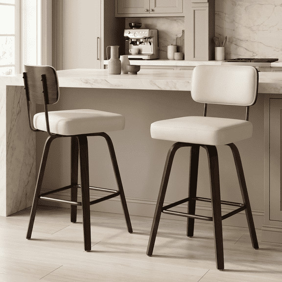 Firmoz Swivel Upholstered Bar Stools Set of 2, Faux Leather 26” Counter Height Pub Chairs with Solid Wood Legs, Beige