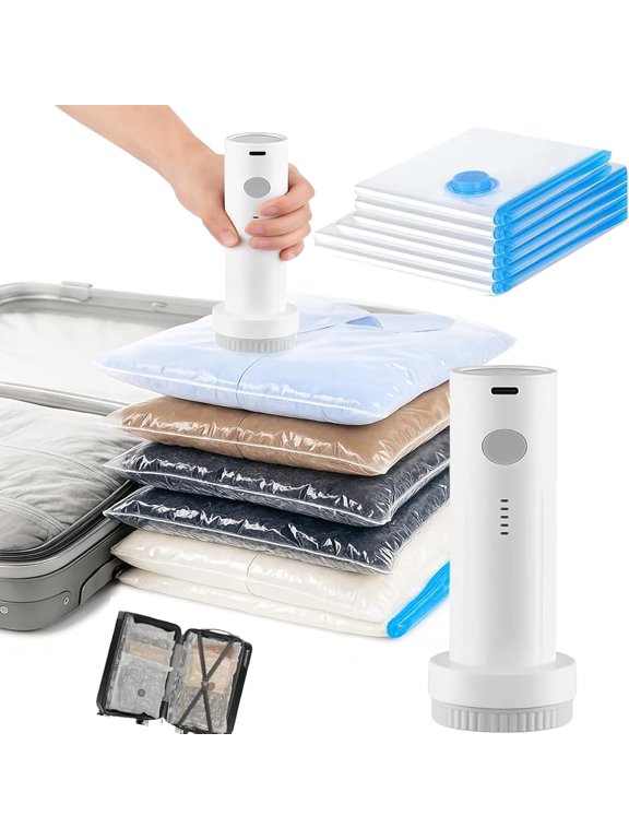 Firmstaunch Cordless Travel Vacuum Storage Compression Bag with Portable Rechargeable Air Pump, Pump Free Up More Space in Your Suitcase, for Luggage and Suitcase (Travel Print,9*Bags + 1*Pump)