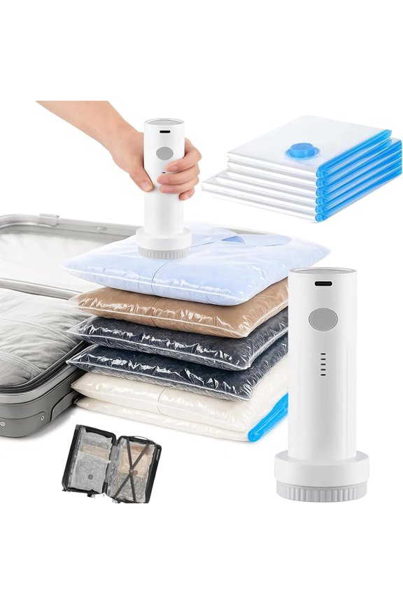 Firmstaunch Cordless Travel Vacuum Storage Compression Bag with Portable Rechargeable Air Pump, Pump Free Up More Space in Your Suitcase, for Luggage and Suitcase (Travel Print,9*Bags + 1*Pump)