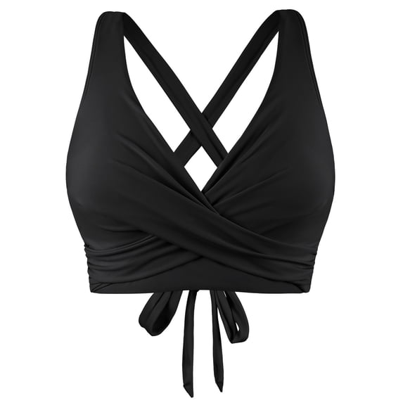 Firpearl Black Underwire Bathing Suit Top Wrap V Neck Swimsuits Push Up Swim Top Tie Back Bikini Top US16