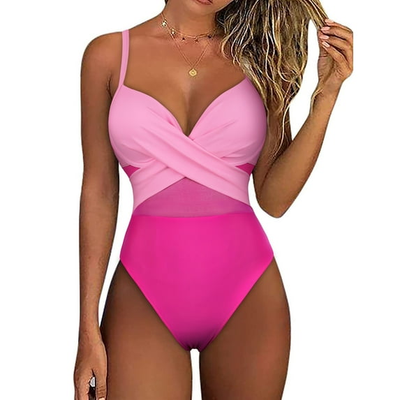 Firpearl Underwire 1 Piece Swimsuit for Big Breast Women Push Up Bathing Suit Sexy Mesh Cutout Monokini Hot Pink Gradient US14