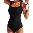 thumbnail image 1 of Firpearl Women's Black One Piece Bathing Suit Ruched Tummy Control Swimsuit, 1 of 5