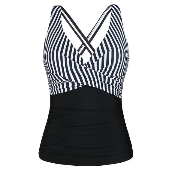 Firpearl Women's Tankini with Underwire Bra Support Tummy Control Swimwear Strappy Back Bathing Suit Top Black&White Stripe US10