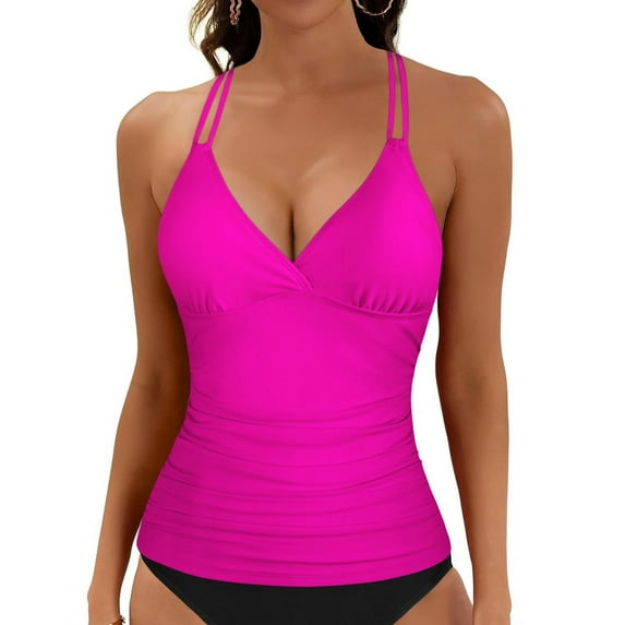 Firpearl Womens Underwire Tankini Swim Top Criss Cross V Neck Swimsuit Tops Ruched Tummy Control Swimwear Hot Pink 10