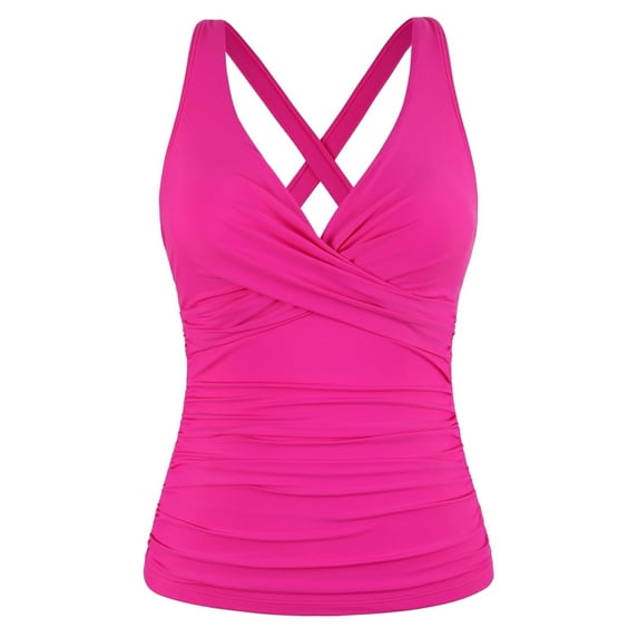 Firpearl Womens Underwire Tankini Swim Top Criss Cross V Neck Swimsuit Tops Ruched Tummy Control Swimwear Hot Pink US10
