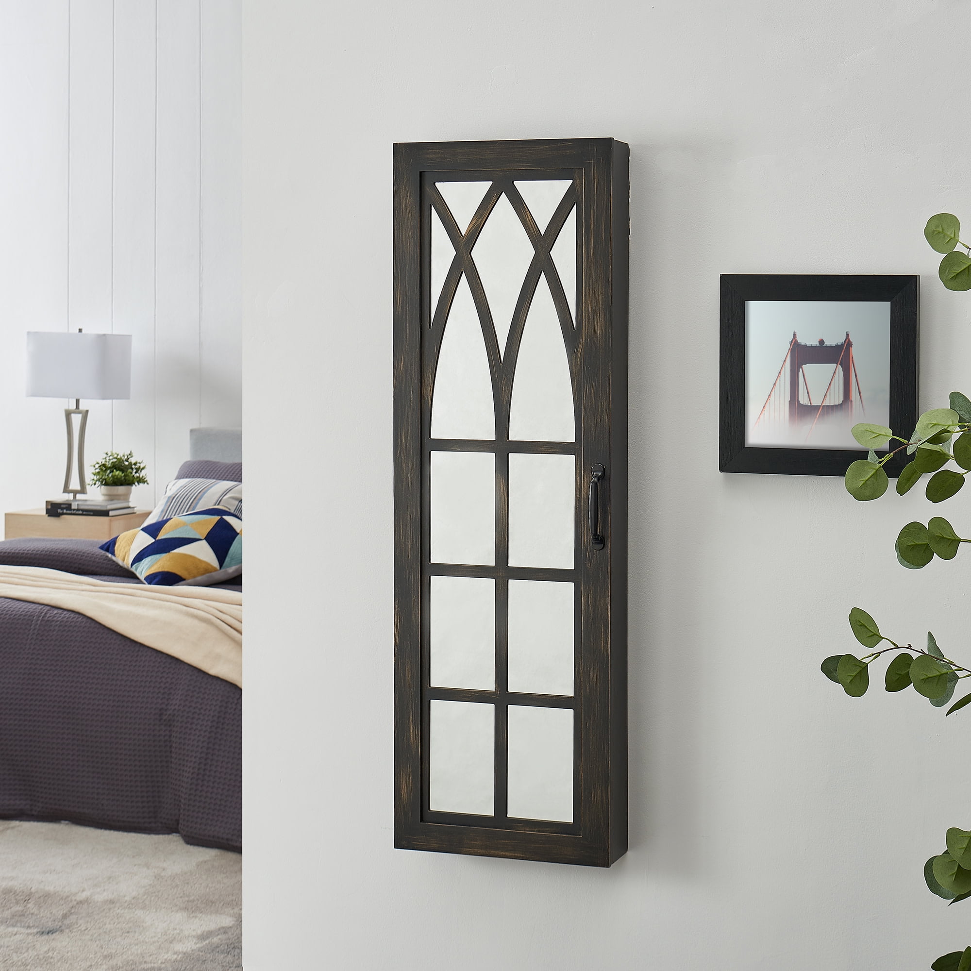 FirsTime & Co. Aged Black Farmhouse Arch Mirrored Jewelry Armoire, Farmhouse, Painted, Rectangular,Wood, 14 x 3.75 x 43 in