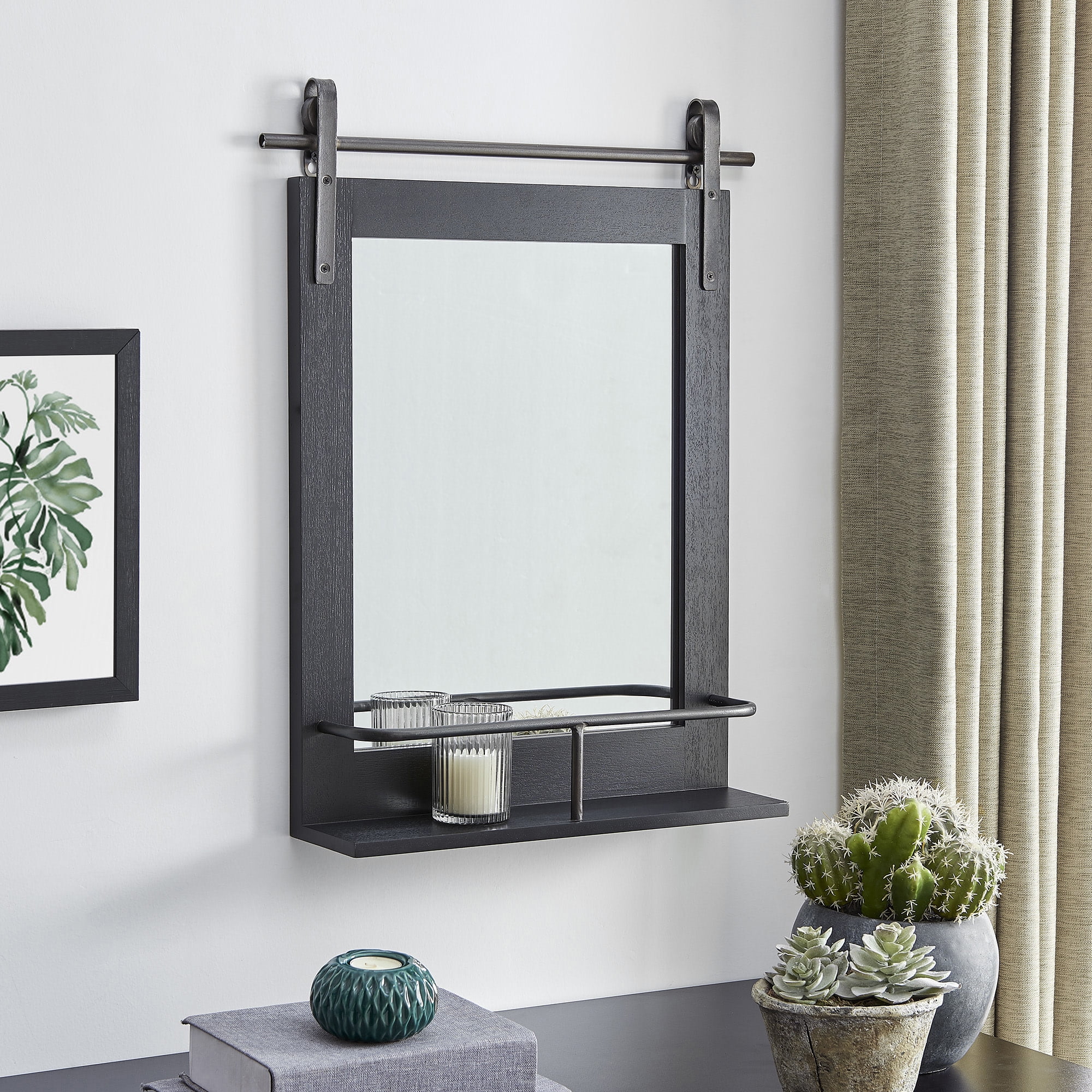 Black Wood Rectangular Barn Door Mirror with Shelf