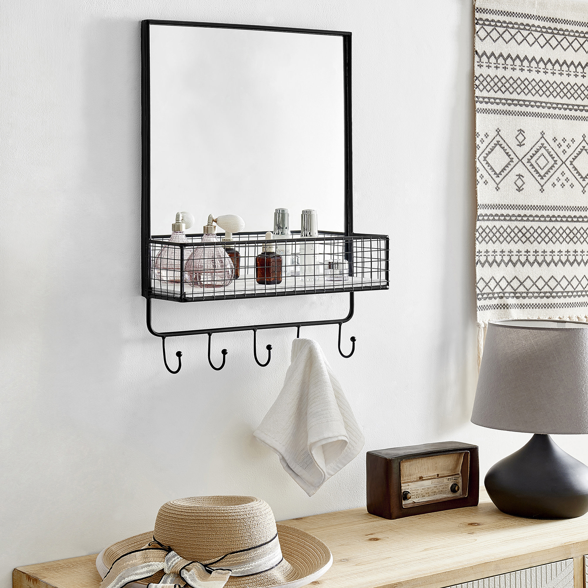 FirsTime & Co. Black Mabel Organizer Wall Mirror With Hooks, Industrial, Rectangular, 16.5 x 5 x 24.5 in - image 1 of 5