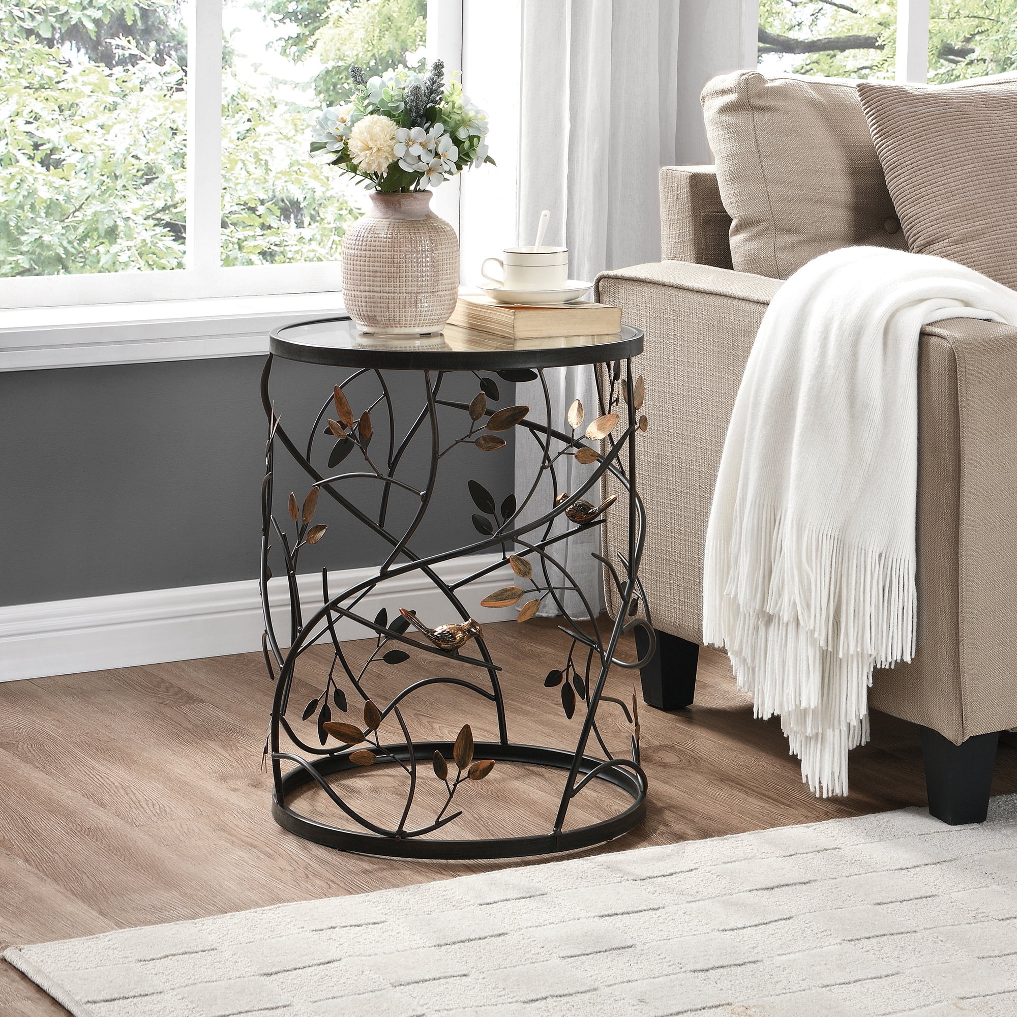 FirsTime Co. Bronze Bird And Branches End Table Modern Antiqued Round Metal 16.5 x 16.5 x 22 in