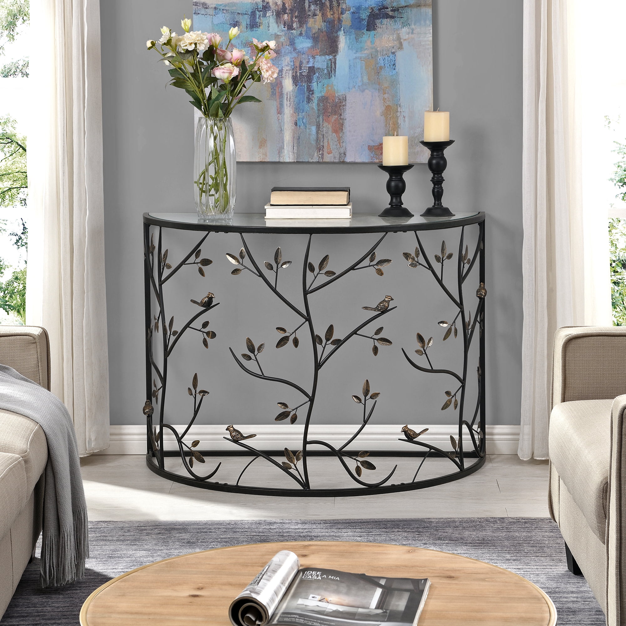 FirsTime & Co. Bronze Wren And Branches Console Table, Farmhouse, Antiqued, Round, Metal, 40 x 19.25 x 29 in