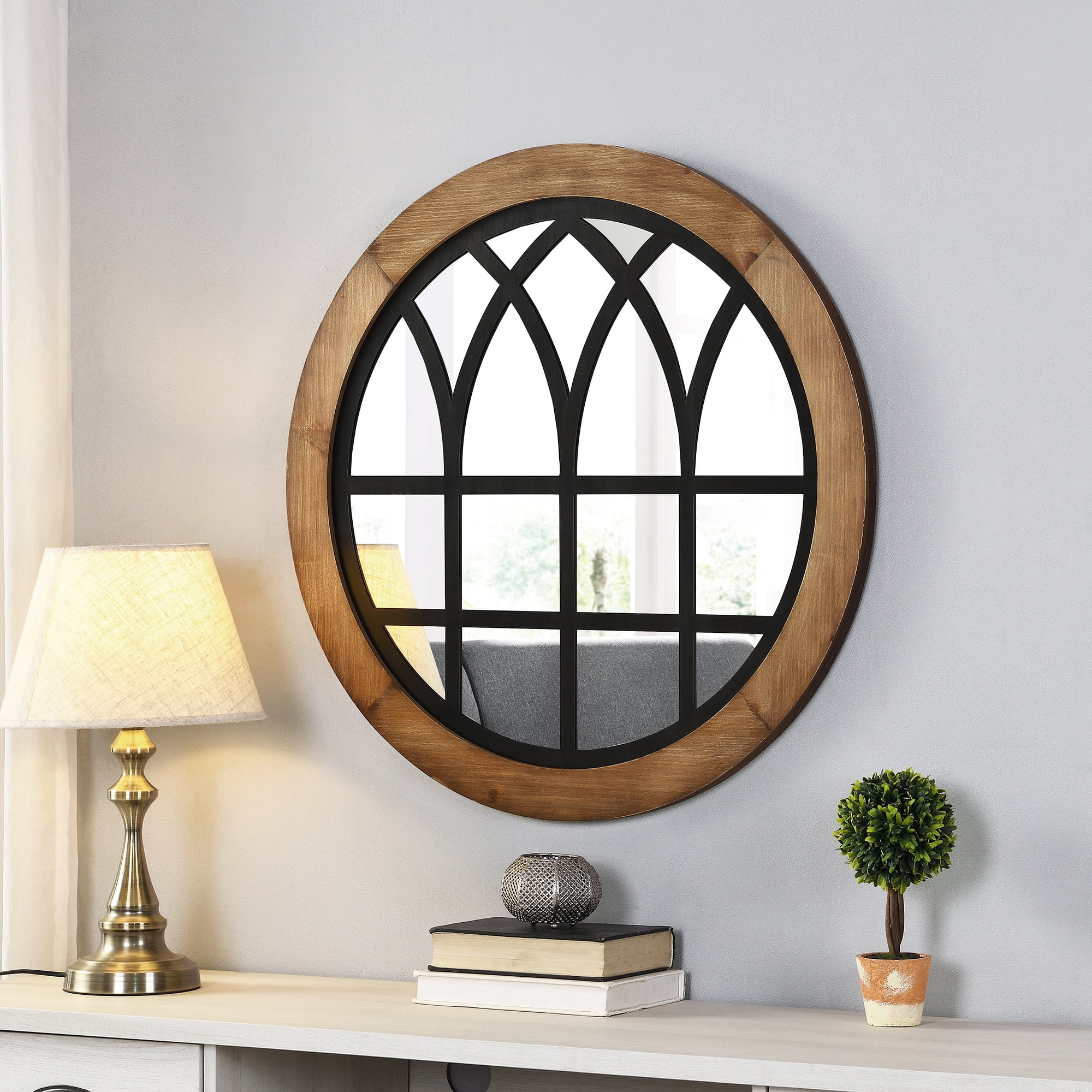 Covington Farmhouse 32'' Rustic Wood and Black Arch Wall Mirror