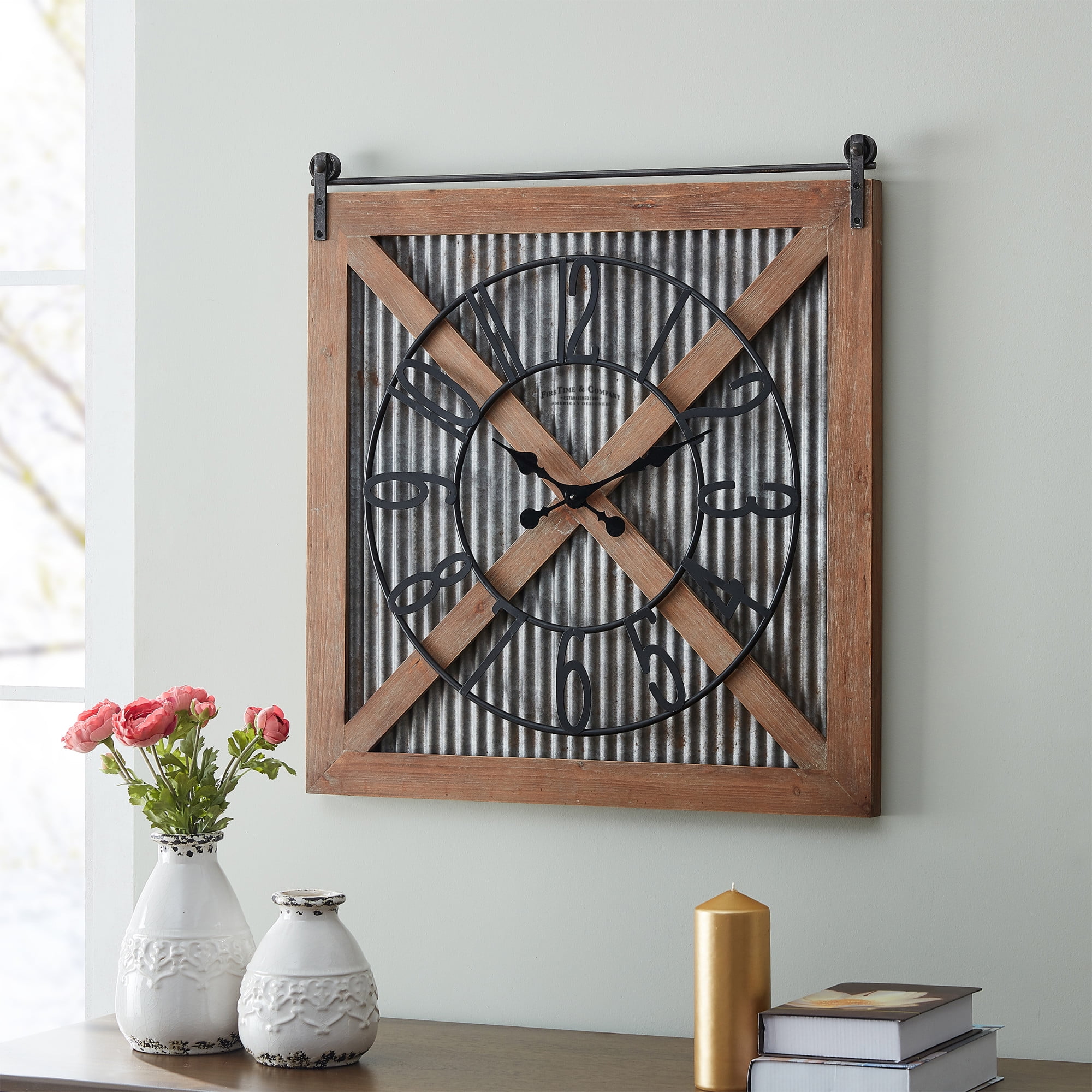 Large Brown and Silver Wood Farmhouse Wall Clock