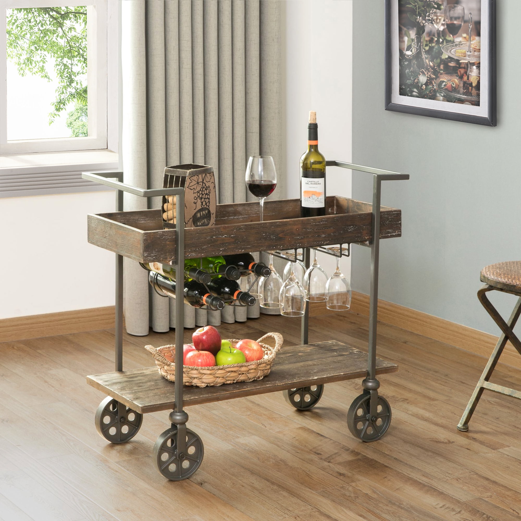 Rustic Brown Industrial Bar Cart with Wine Rack and Wheels