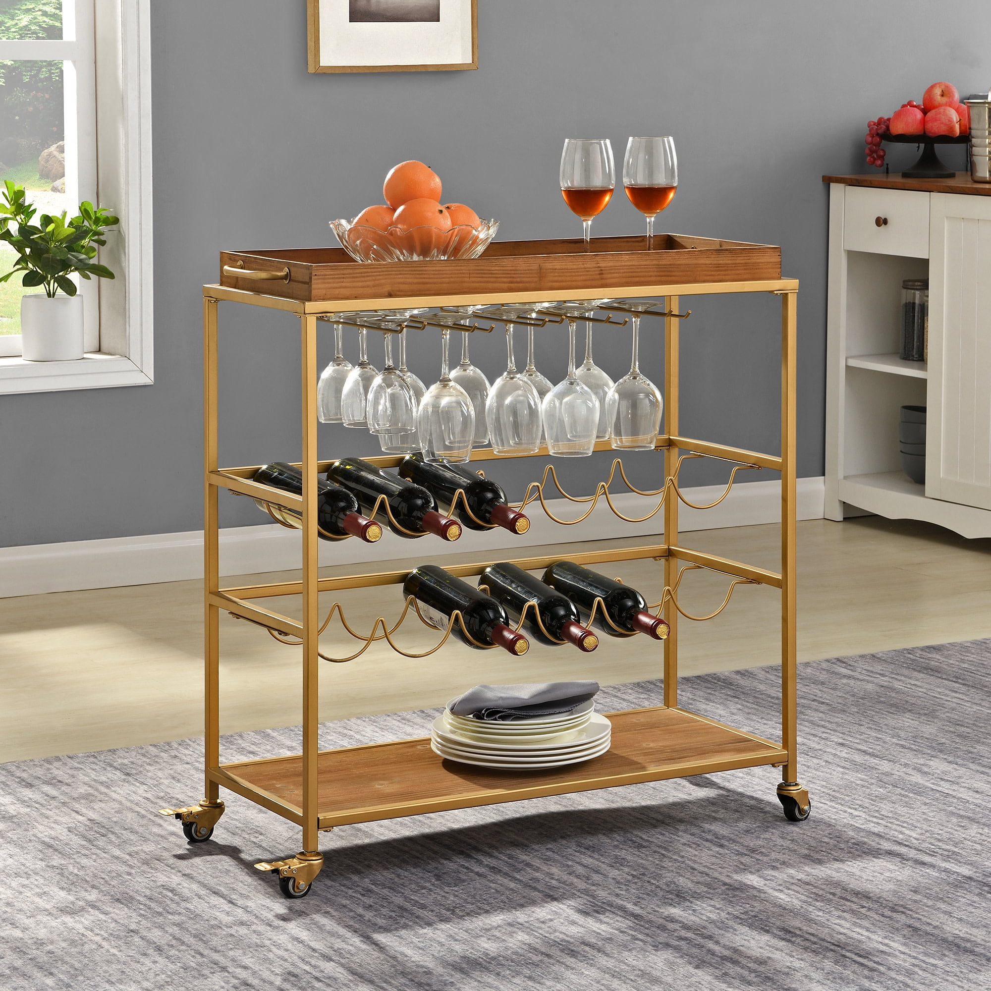 FirsTime & Co. Gold And Brown Concord Removable Tray Bar Cart, Farmhouse, Metal, 32.5 x 13 x 30 in