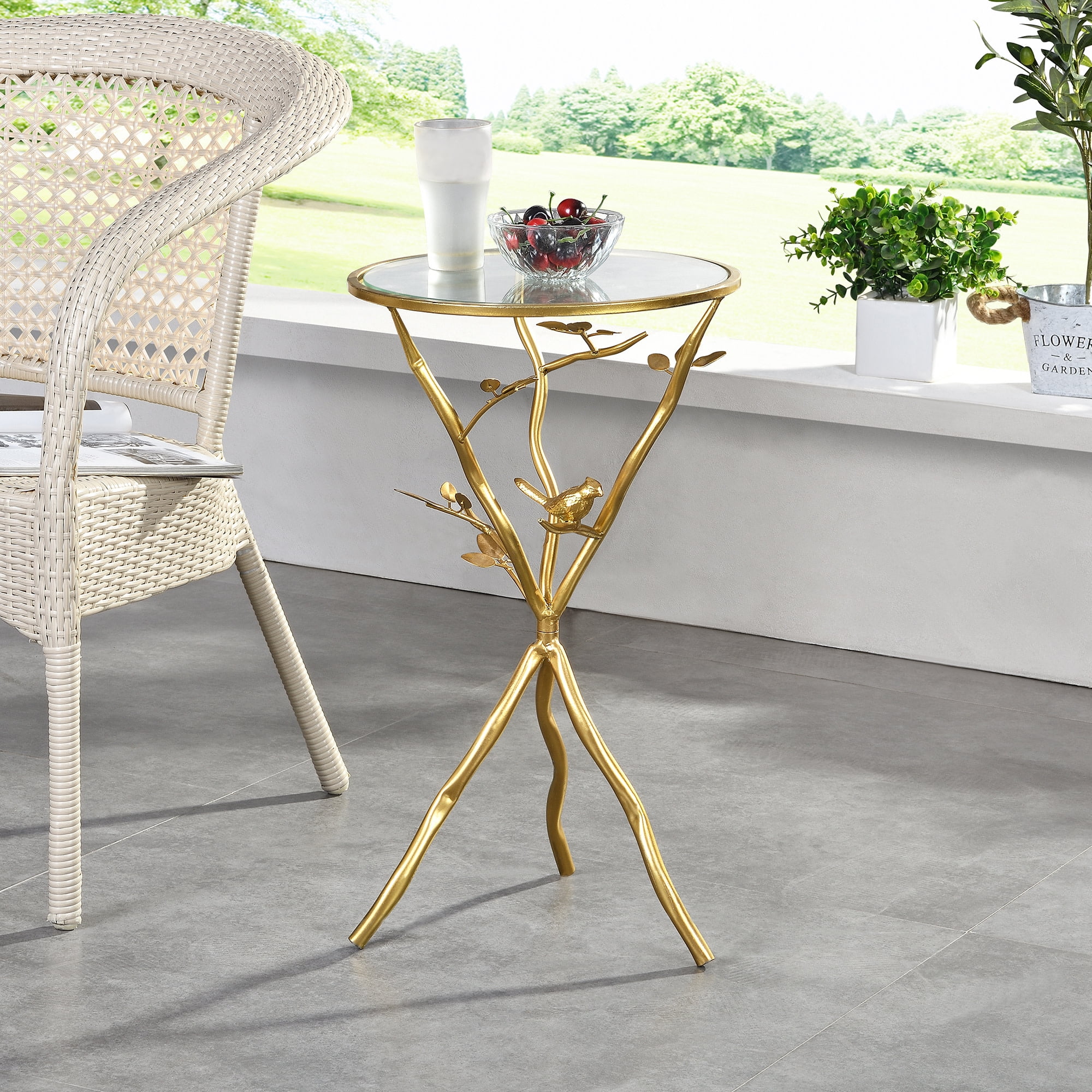 Gold Bird and Branches Round Glass Outdoor End Table