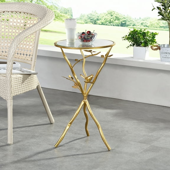 FirsTime & Co. Gold Bird And Branches Tripod Outdoor End Table, Eclectic, Painted, Round, Glass, 14 x 14 x 24 in