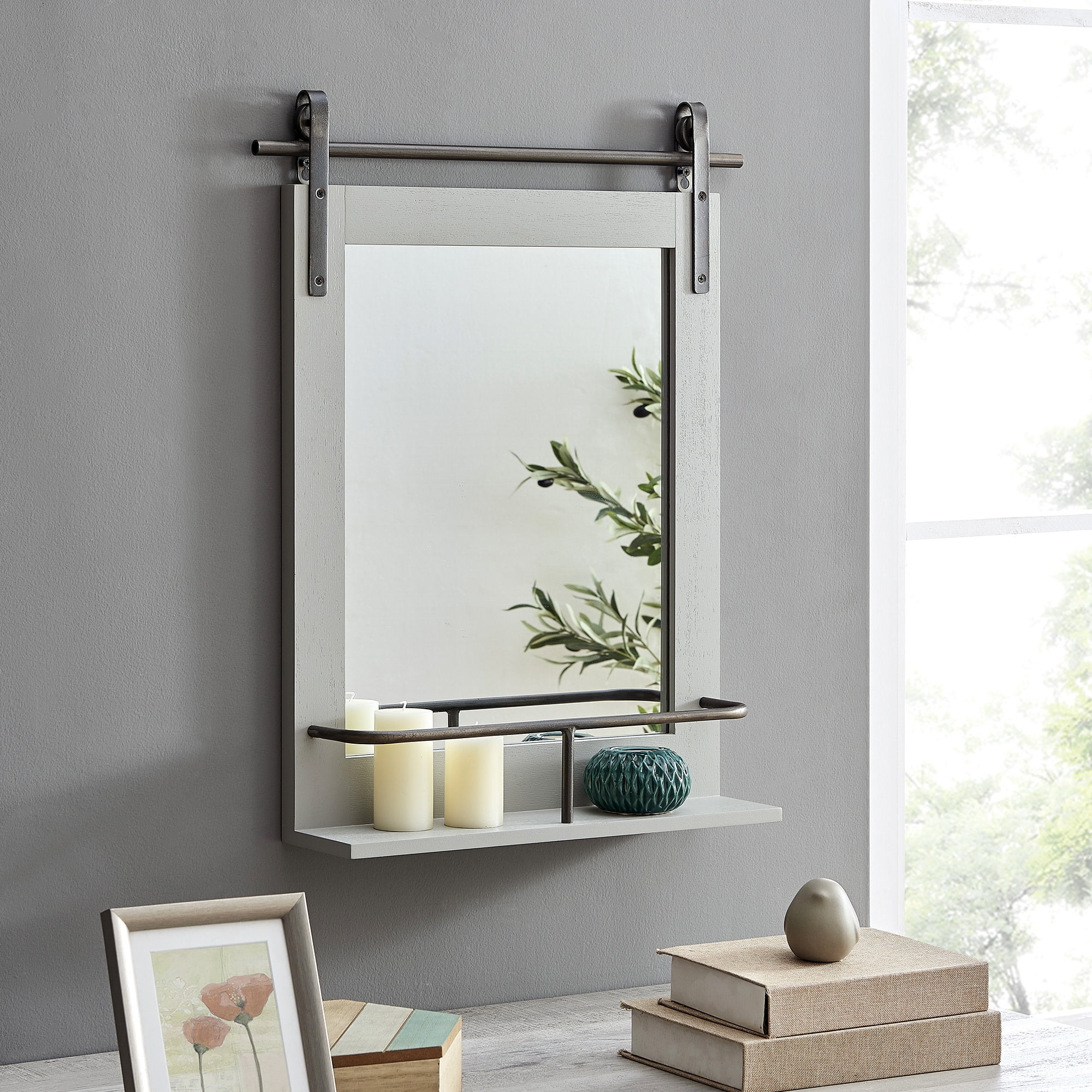FirsTime & Co. Gray Ingram Barn Door Wall Mirror With Shelf, Farmhouse