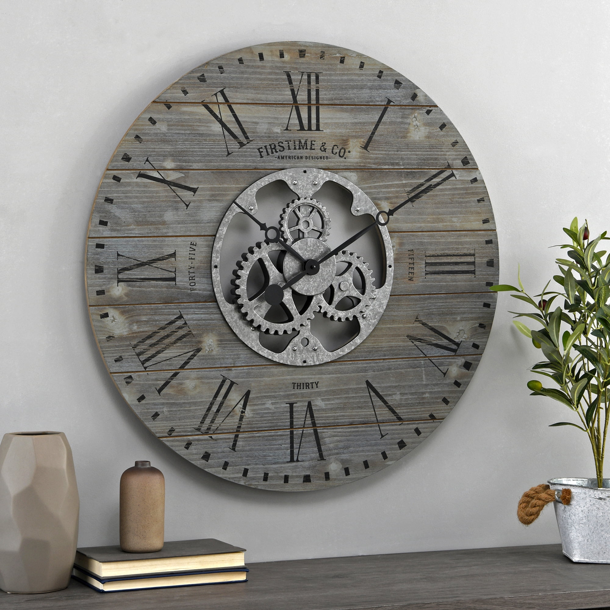 Oversized Gray Wood and Metal Farmhouse Wall Clock