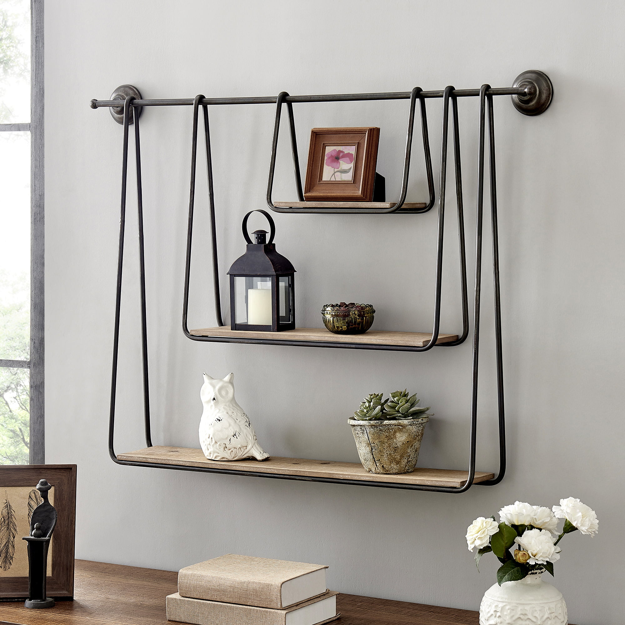 FirsTime & Co. Brown Bentley Wall Shelf With Hooks, Industrial