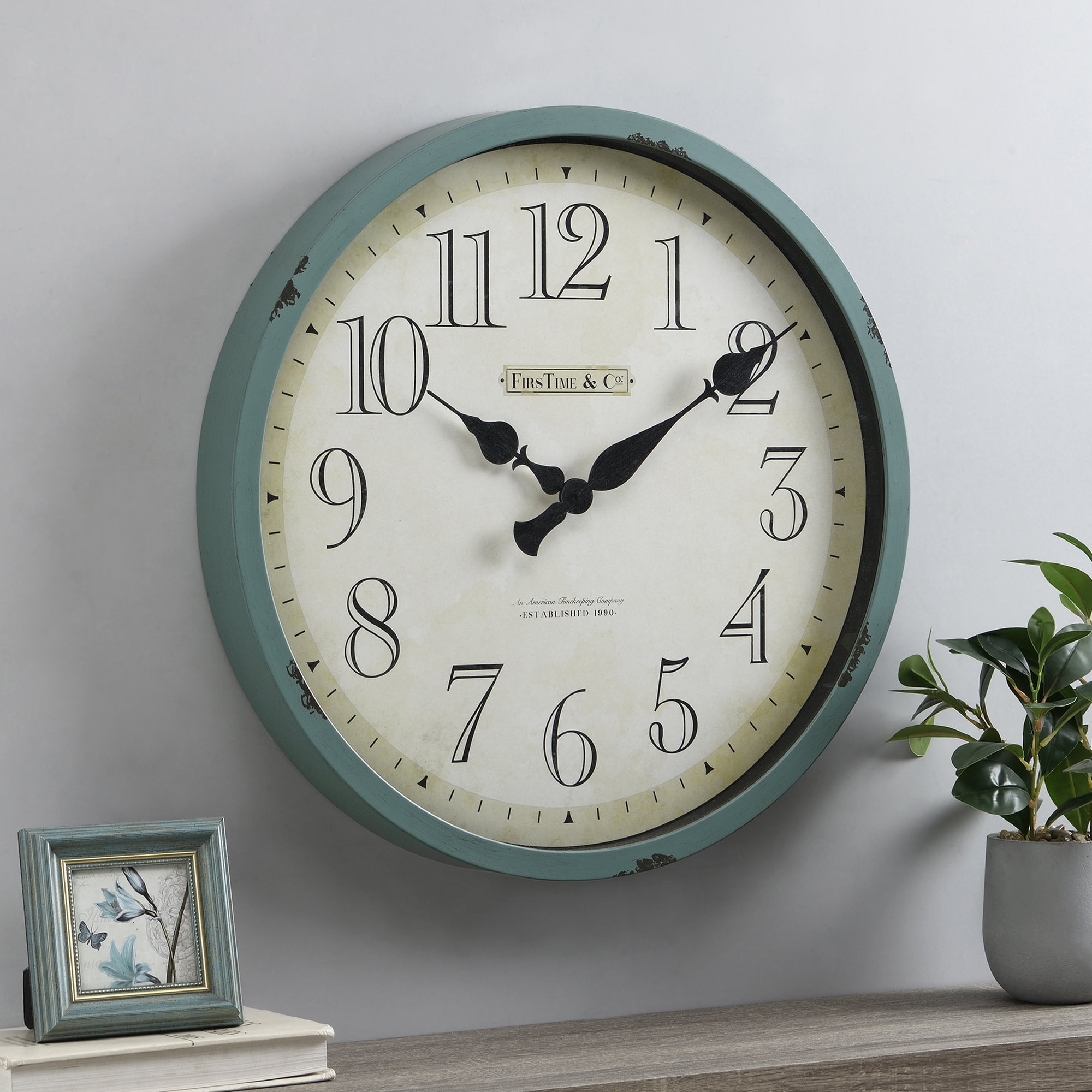 Oversized Teal and Beige Plastic Farmhouse Wall Clock