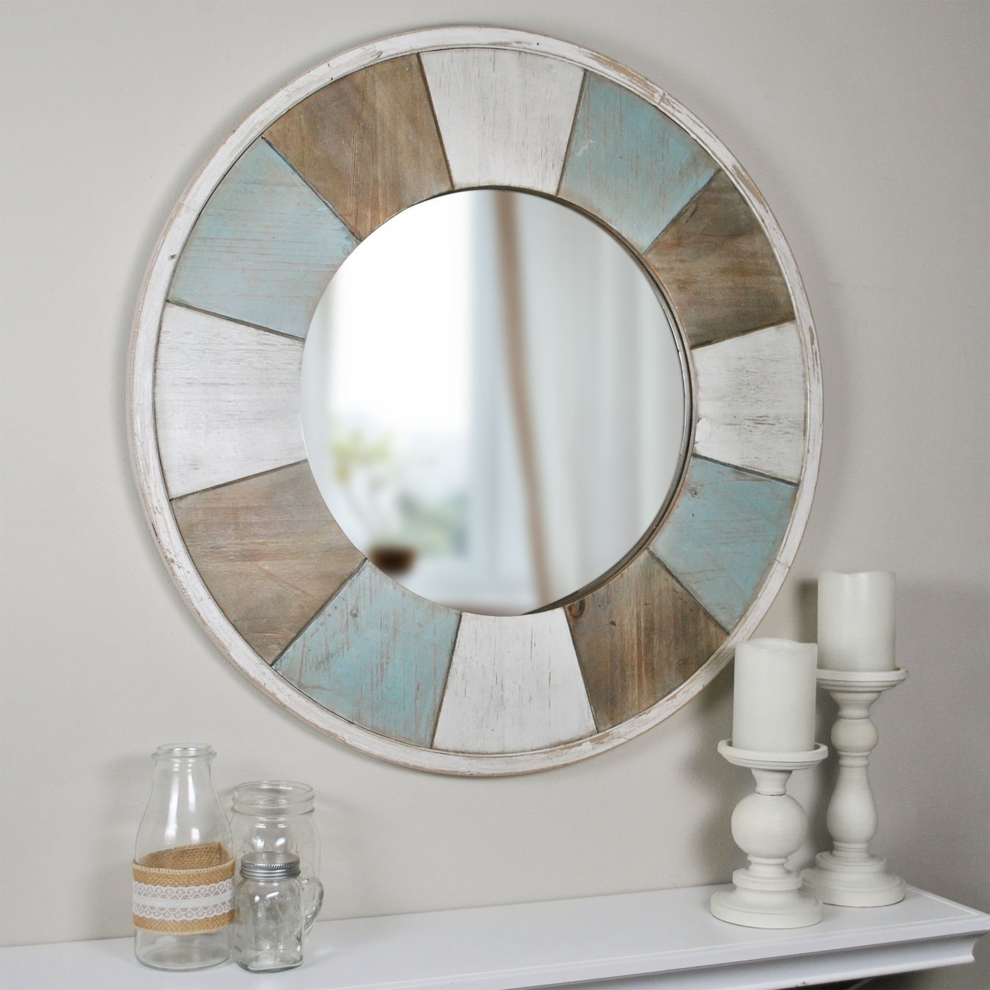 Rustic Cottage Round 29.5" Wall Mirror in Aged Teal and Shabby Wood